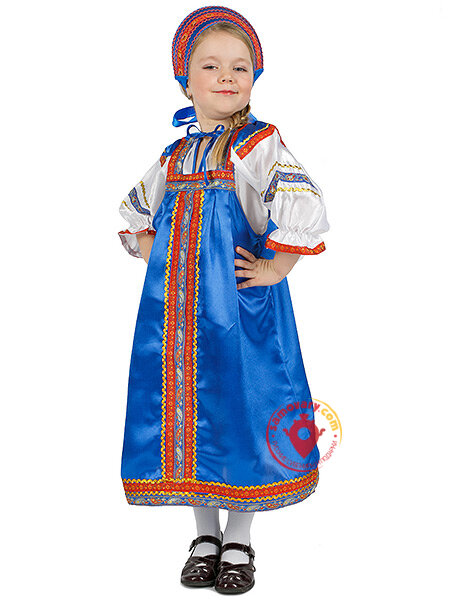 Русский народный костюм "Василиса" детский атласный синий сарафан и блузка 7-12 лет