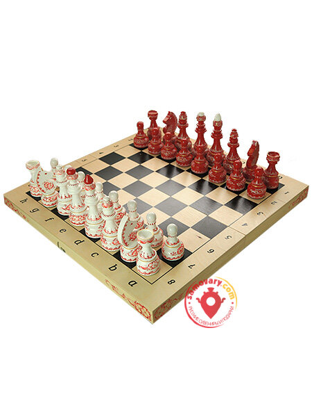 Шахматы деревянные с росписью Бело-красные, Вятские
