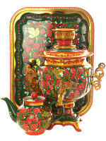 Набор самовар электрический 3 литра с художественной росписью "Клубника на зеленом фоне(рыжая)", арт. 121081