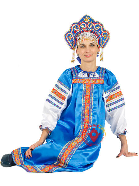 Русский народный костюм "Василиса" для танцев атласный васильковый сарафан и блузка XL-XXXL